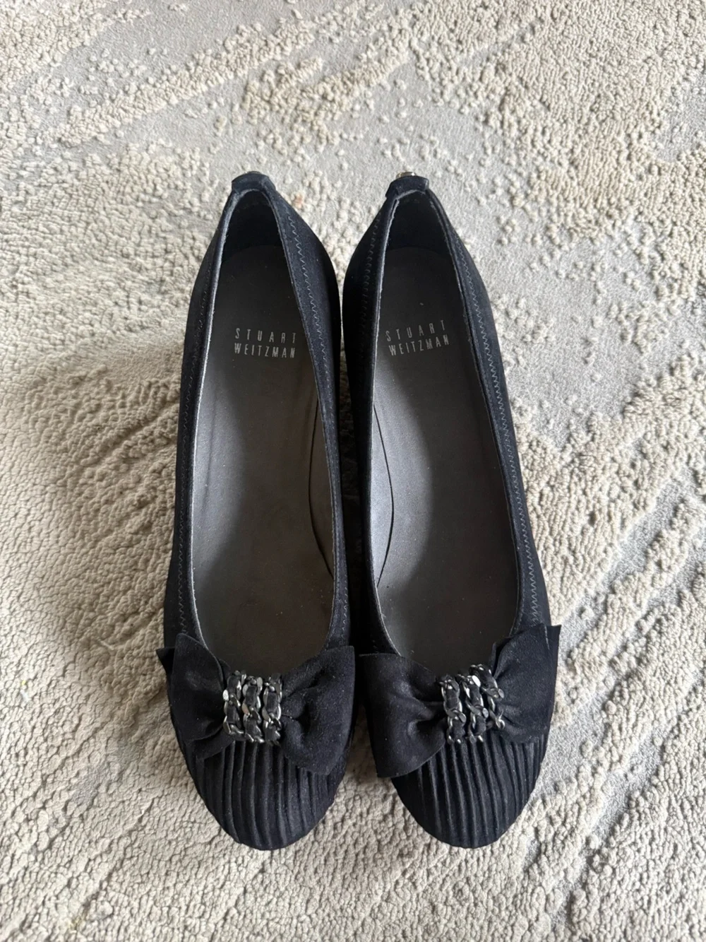 Stuart Weitzman Frobozzie black Suede leather wedge Heels chain bow 8